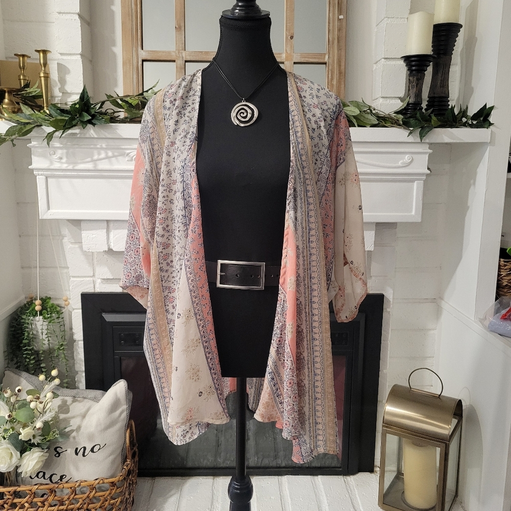 Liberty Love Pastel Floral Sheer Lightweight Open Front Festival Kimono XL